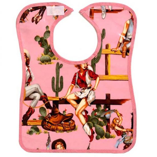 Baby pelican 'pop' bib: Pink Cowgirl - Click Image to Close